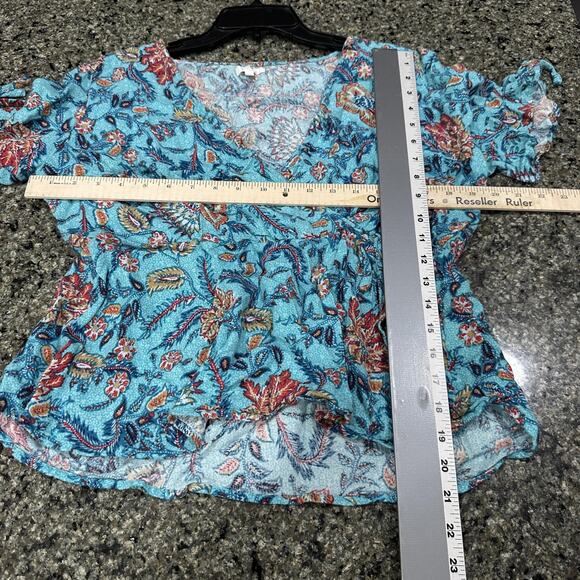 Maurices Shirt Womens XL Blue Green Floral Faux Wrap Peplum Boho Rayon Top - Picture 3 of 7